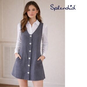 NWT Splendid Haley Linen V-Neck Button Down Shift Dress Pockets Blue Grey boho S